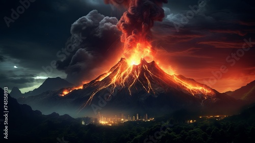 A powerful volcanic eruption at night