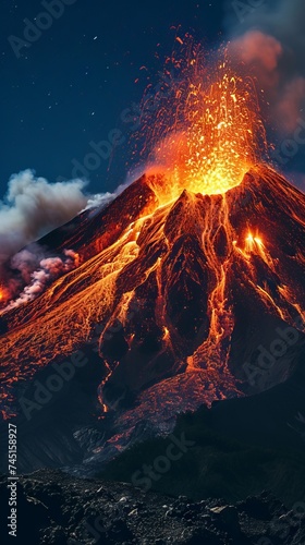Volcanic eruption with lava flowing down the mountain