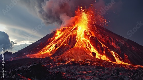 Volcanic eruption with lava flowing down the mountain