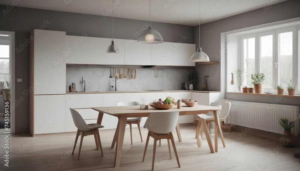 Fototapeta premium Modern Scandinavian Kitchen and Dining Room Design