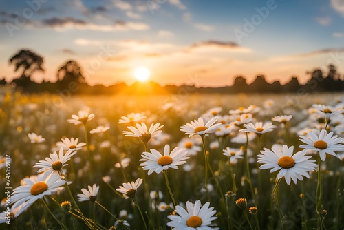 The landscape of white daisy blooms in a field © RORON