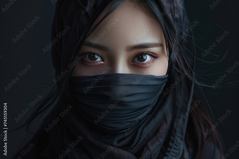 Japanese woman ready for battle in a black ninja hood, capturing the essence of prowess and stealth in the art of combat. Generative AI.