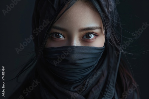 Japanese woman ready for battle in a black ninja hood, capturing the essence of prowess and stealth in the art of combat. Generative AI.