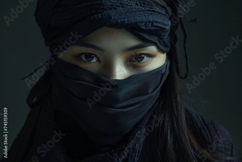 Japanese woman ready for battle in a black ninja hood, capturing the essence of prowess and stealth in the art of combat. Generative AI.