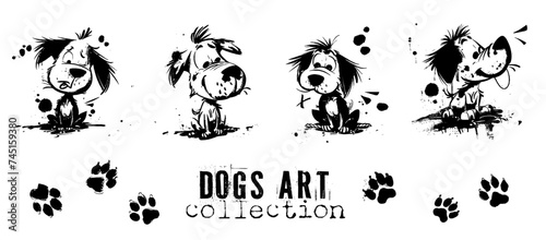 Cute dogs art in different poses. Pets silhouettes, various dogs, shown sitting and lying down. Vector collection of drawn dogs with lots of details and artistic spots.