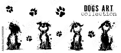 Cute dogs art in different poses. Pets silhouettes, various dogs, shown sitting and lying down. Vector collection of drawn dogs with lots of details and artistic spots.