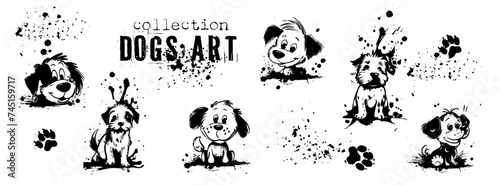 Cute dogs art in different poses. Pets silhouettes, various dogs, shown sitting and lying down. Vector collection of drawn dogs with lots of details and artistic spots.