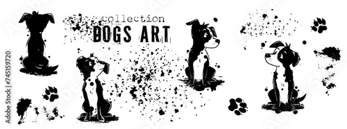 Cute dogs art in different poses. Pets silhouettes, various dogs, shown sitting and lying down. Vector collection of drawn dogs with lots of details and artistic spots.