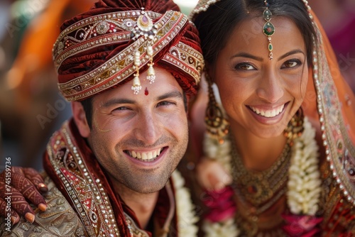 An ecstatic Indian couple during a traditional wedding, laughing together. Ai generative