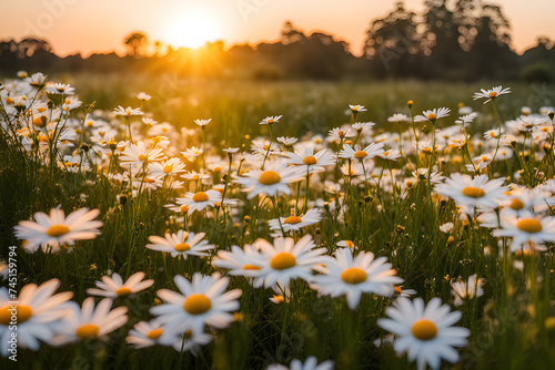 The landscape of white daisy blooms in a field © RORON