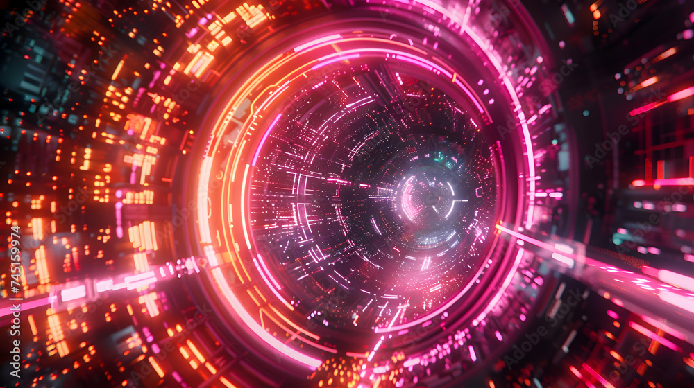 An immersive image showcasing the dynamic interplay of neon-colored geometric shapes and structures in cyberspace against a dark backdrop, captured in stunning high definition detail