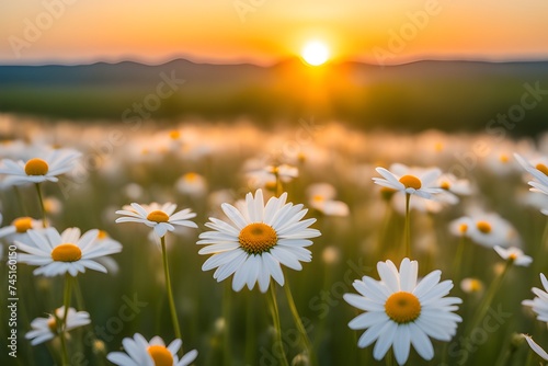 The landscape of white daisy blooms in a field