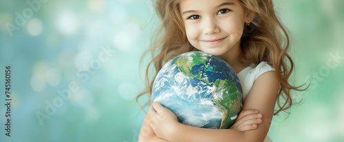 child with world map in the arms, AI generated photo