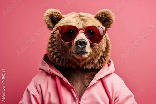 bear wearing sunglasses and a pink hoodie
