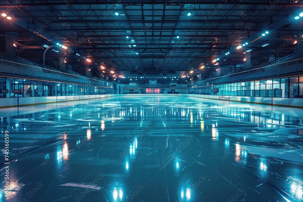 A brightly illuminated, empty ice skating rink displaying. Ai generative - obrazy, fototapety, plakaty 