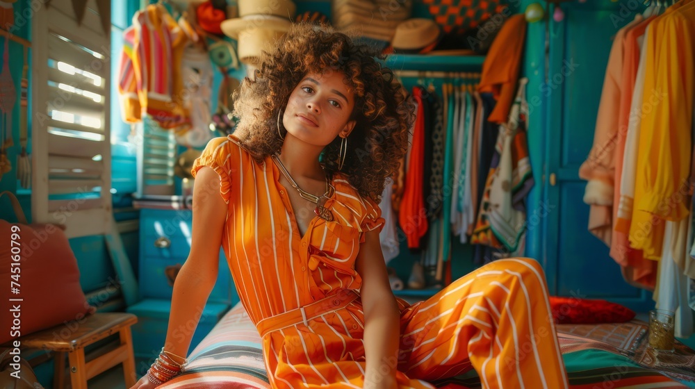 Stylish Young Woman Posing in Vibrant Retro Outfit in Colorful Vintage Room - Fashion and Lifestyle Concept Stylish Young Woman Posing in Vibrant Retro Outfit in Colorful Vintage Room - Fashion and Lifestyle Concept