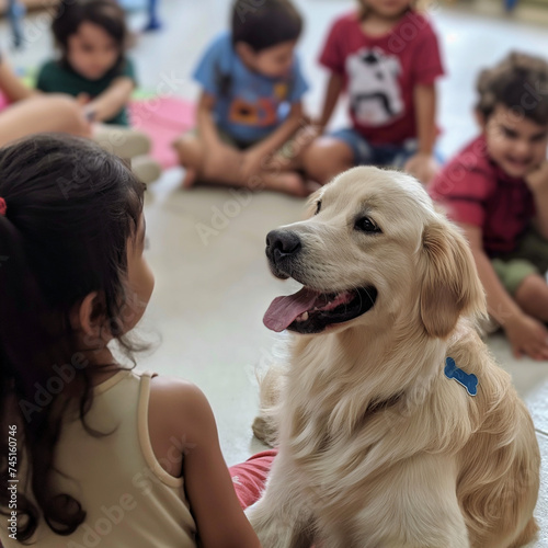 Dog therapy, integration of children with a dog, support for child development, photo of a dog among preschoolers photo