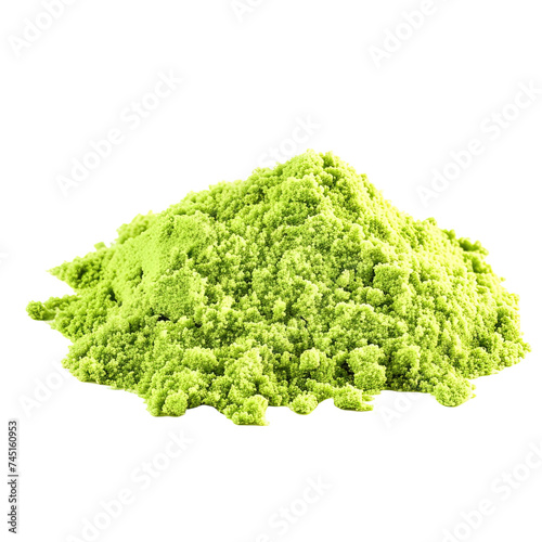 Pile of kinetic sand of green color on white or transparent background