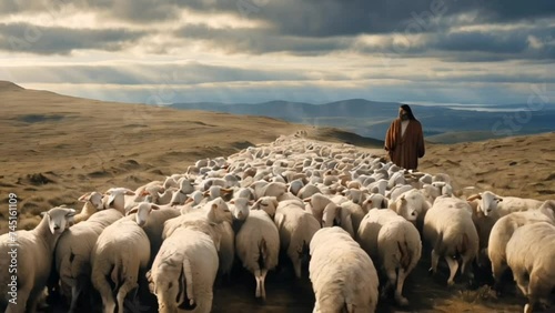 Jesus recovered the lost sheep and led them. Religious conceptual theme. Bible story. photo