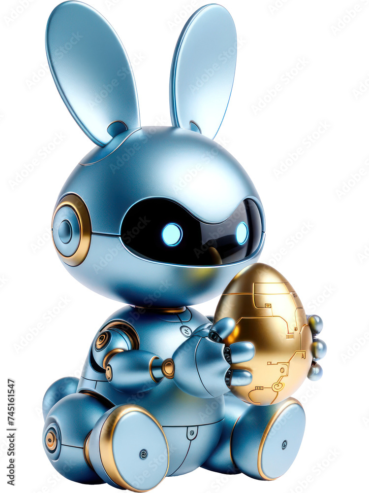 3D character Robot Blue metalic bunny holding Sci-fi Gold easter egg ...