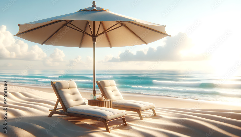 Obraz premium Sunrise beach view with elegant loungers and large umbrella, peaceful ocean. Leisure and relaxation concept Generative AI
