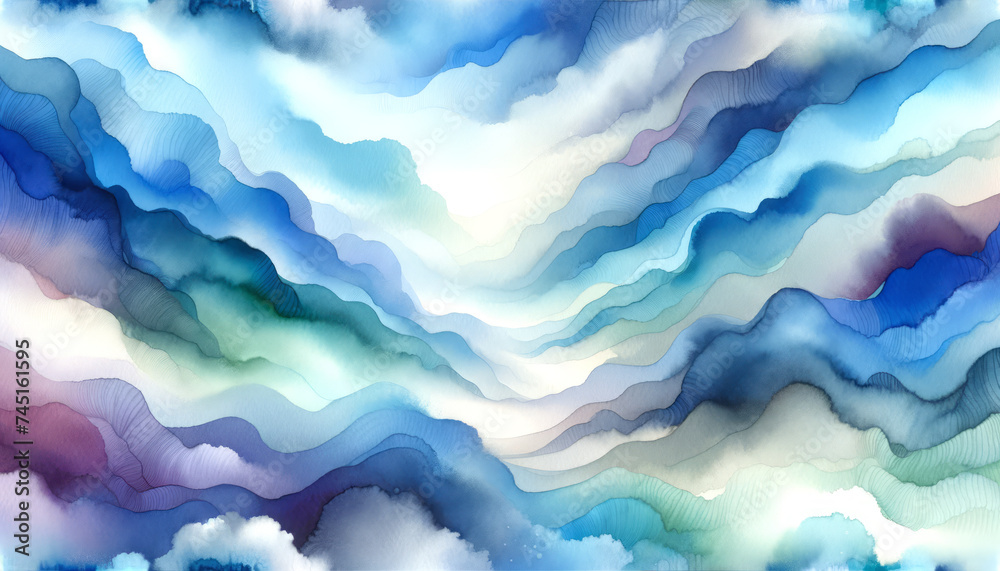 Abstract watercolor layers in shades of blue and white, wavy design background. Calm and fluid concept. Generative AI
