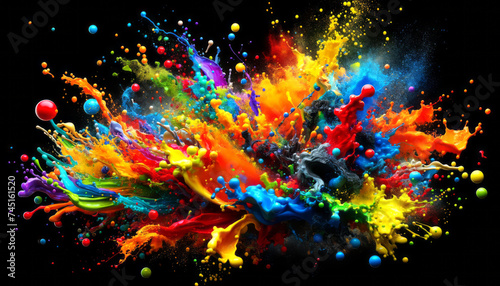 Vivid paint splash with flowing colors and dynamic droplets on black backdrop. Generative AI