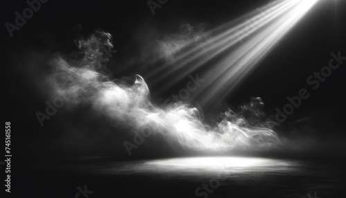 Dramatic smoke illuminated by beams of light on dark stage. Suspense and focus concept. Generative AI
