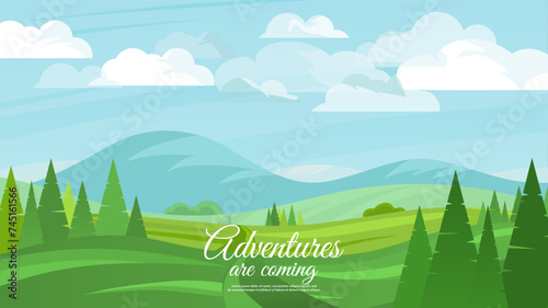 Spring or summer landscape. Flat design style. Field with hills and mountains. Design for postcard, background, wallpaper, touristic card. 