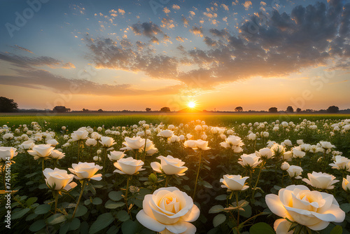 The landscape of white rose blooms in a field