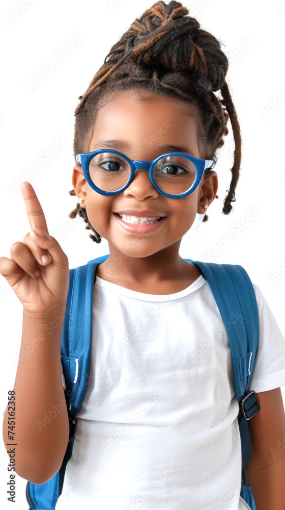 Happy African American girl with backpack, raising and pointing thumbs up. White background, vertical frame. School learning concept, back to school Happy African American girl with backpack, raising and pointing thumbs up. White background, vertical frame. School learning concept, back to school