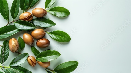 Argon nuts with green leaves isolated on white backdrop with leaves and a space for text or product, Generative AI.