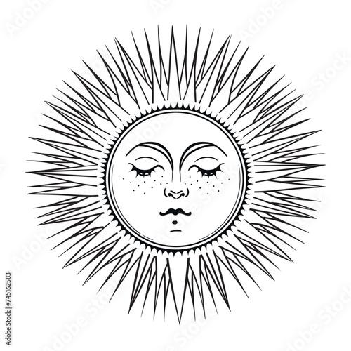 Mystical sun with face with closed eyes and rays, celestial astrology logo, boho tattoo for zodiac, tarot. Magic hand drawn vector illustration isolated on white background. 