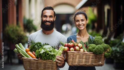 Smiling couple holding wicker baskets full of vegetables like greens and tomatoes in front of a shop, suggesting a bountiful harvest and a healthy lifestyle.