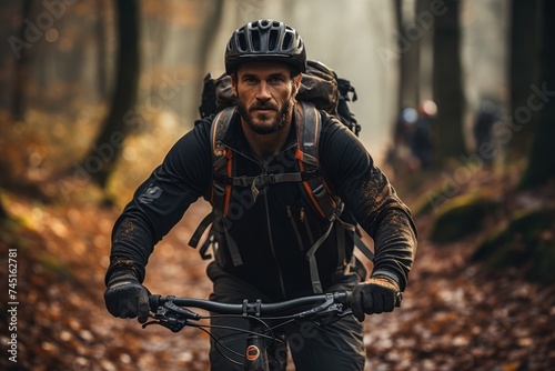 a bicycle rider riding a bike through forest in ray of light