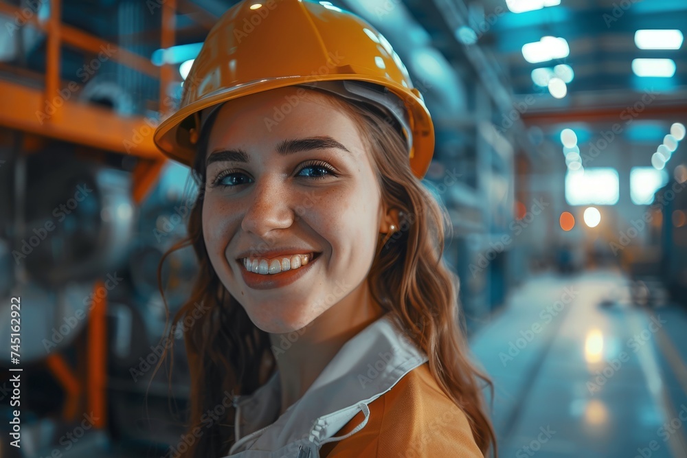 a photo of a female engineer standing near gas pipes, a photo of a female engineer standing near gas pipes,