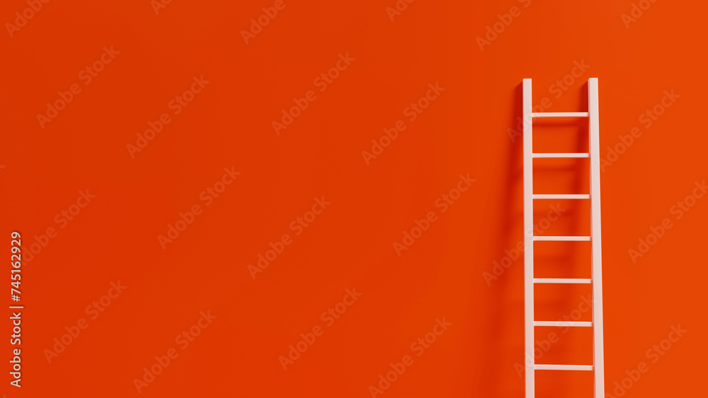 Stairs near red wall. Ladder for climbing to top. Metaphor of career ladder. Steps symbolize personal growth. Ladder for molar doing molar work. Copy space. Motivational background. 3d image
