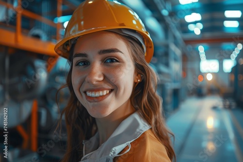 a photo of a female engineer standing near gas pipes, 