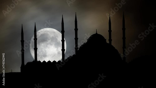 Buyuk Camlica Camii or Çamlıca Mosque, Time Lapse by Night with Full Moon, Istanbul, Turkey photo