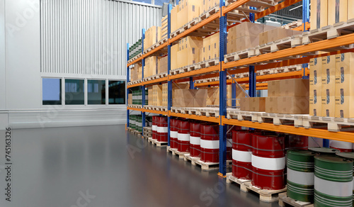 Fototapeta Naklejka Na Ścianę i Meble -  Factory warehouse. Factory storage area with shelving. Manufactory warehouse with barrels and boxes. Logistics center industrial company. Factory storage area in hangar. Industrial building. 3d image