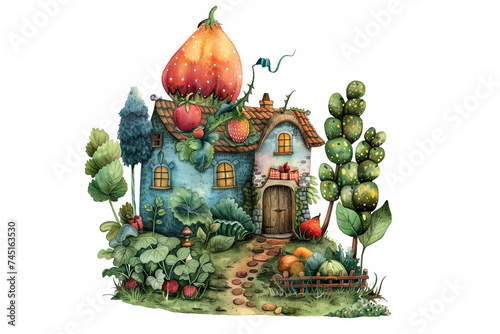 Watercolor illustration of a cute teapot house