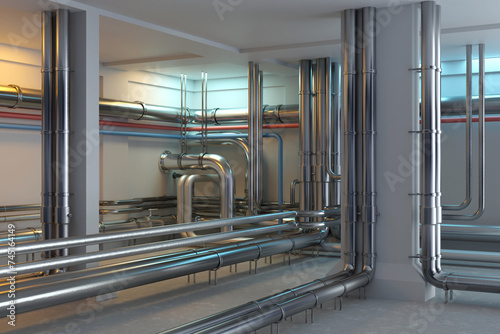 Basement of building. Industrial room with pipes. Plumbing in basement. Room with steel pipeline. Factory basement with pipes. Engineering premises of industrial enterprise. 3d image