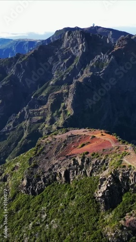 Vertical video 9:16 Madeira Portugal mountains hiking aerial drone helicopter panorama view trail path pathway	
