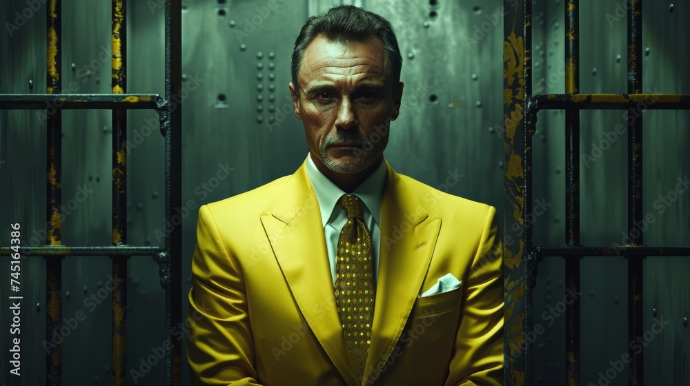 Imposing man in a sharp yellow suit and patterned tie stands solemnly behind prison bars - obrazy, fototapety, plakaty 