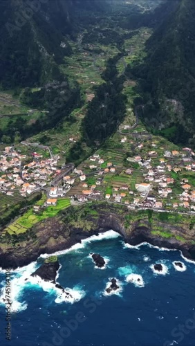 Vertical video 9:16 for social media story Aerial view Madeira sea cost waves portugal	