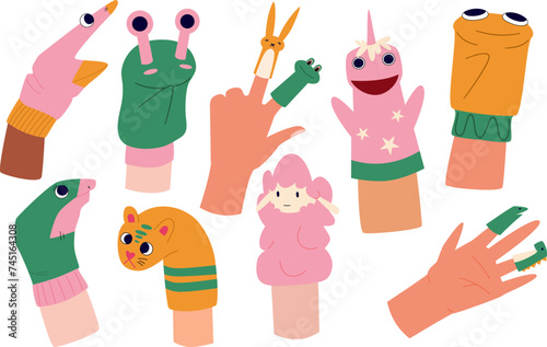 Set of hand animal puppets on white background. Hand made funny childish puppets and toys.