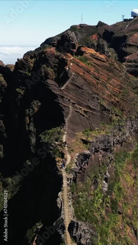 Vertical video 9:16 Madeira Portugal mountains hiking aerial drone helicopter panorama view trail path pathway	