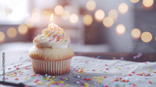 Softly lit birthday cupcake with sprinkles and a single candle  warm bokeh background. Cozy celebration concept. Generative AI