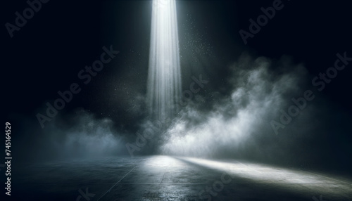 Dense smoke illuminated by a single shaft of light in a dark space. Isolation and drama concept. Generative AI