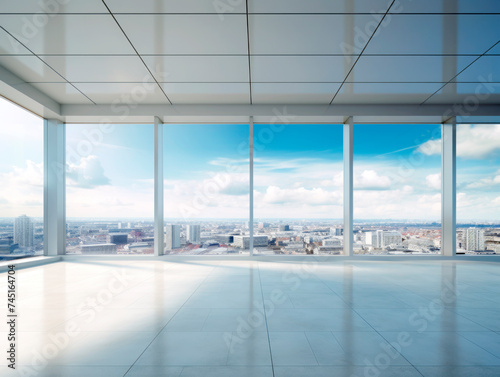 Empty office space with panoramic windows overlooking a cityscape under a cloudy sky. Generative AI